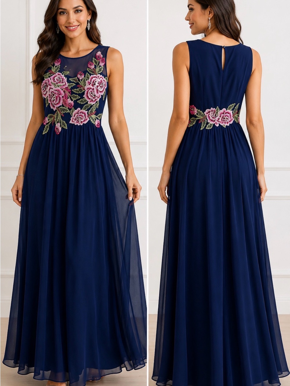 NWT Neslay Designer Navy Beaded Floral Embroidered Maxi Dress XL
